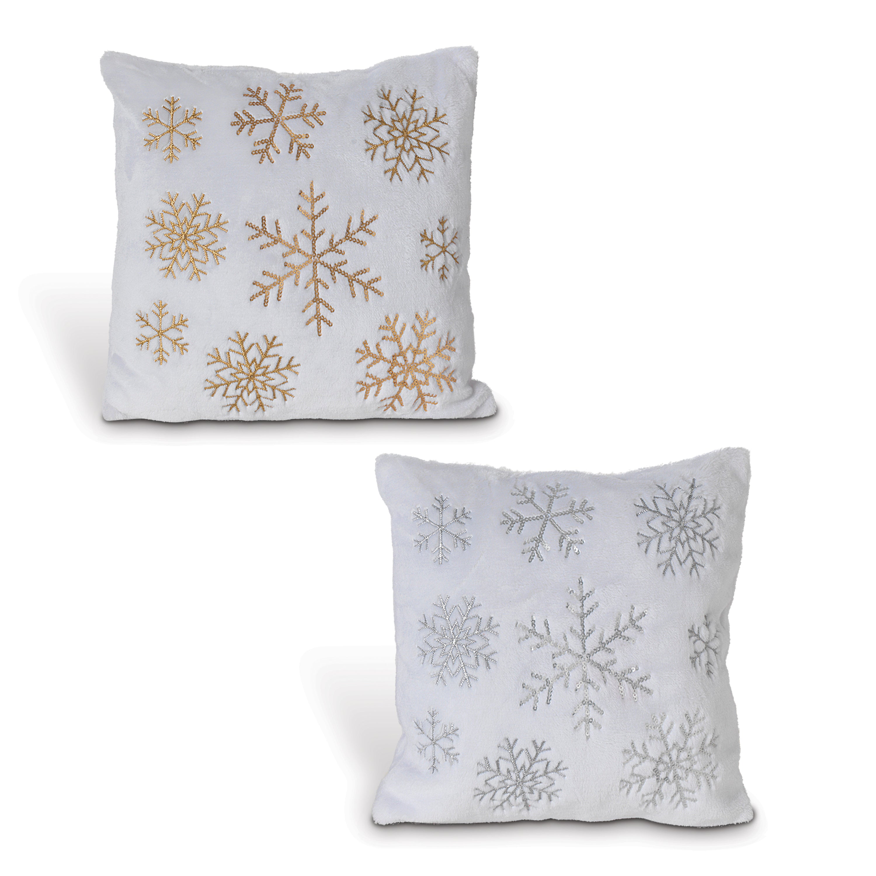 Set of 2 Silver and Gold Snowflake Holiday Throw Pillow Decor